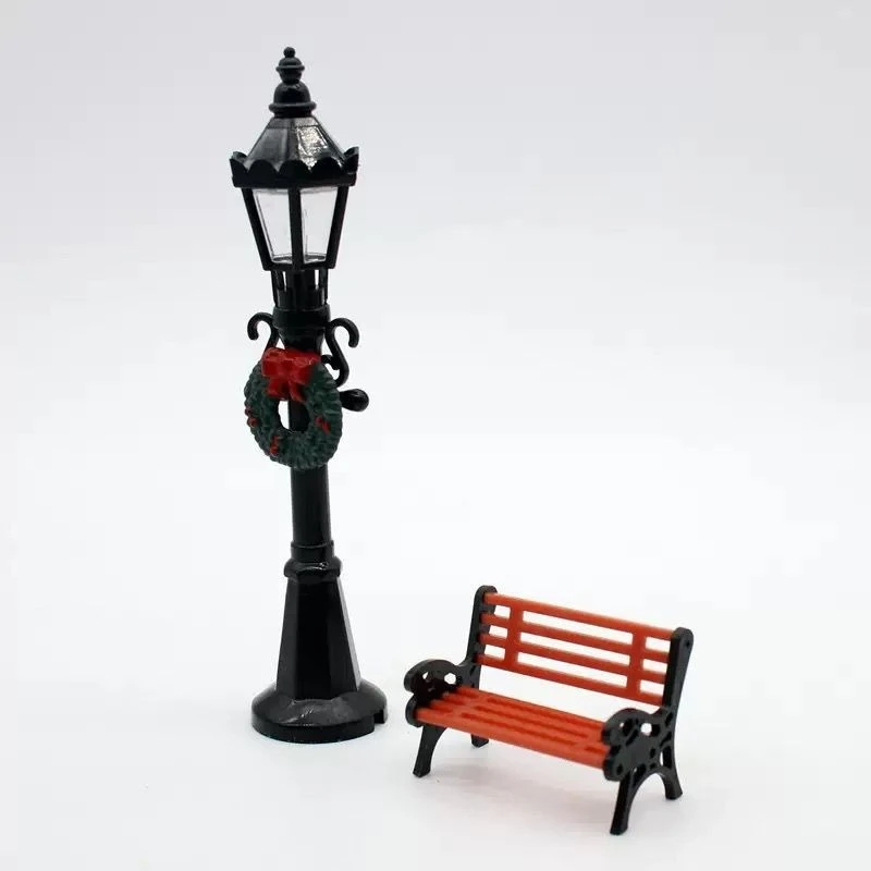 Miniature Park Bench & Street Lamp – Realistic Christmas Village Scene Prop, Micro Decor for Holiday Display Setup