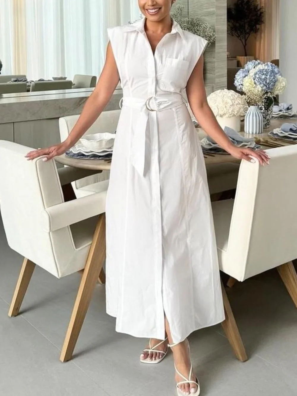 Women With Belt Lapel Collar Midi White Dress Summer Female Sexy Sleeveless High Street Dresses 2024 New
