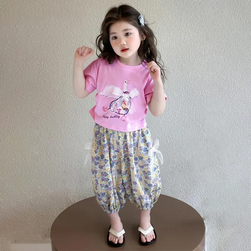 2026 Girls' Summer New Lace Print T-shirt + Lace Anti Mosquito Pants Set Korean Version Foreign Style Two-piece Set Trendy