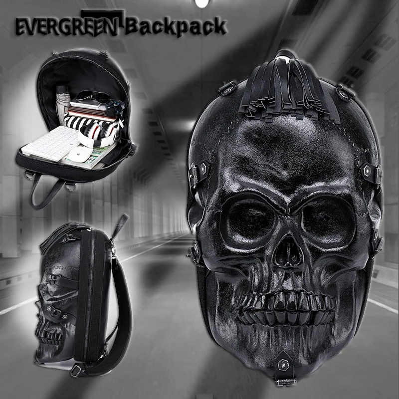 Pu Skull Large Capacity Personality Motorcycle Backpack Travel Student Bag Black Luggage Bags 3D Stereo