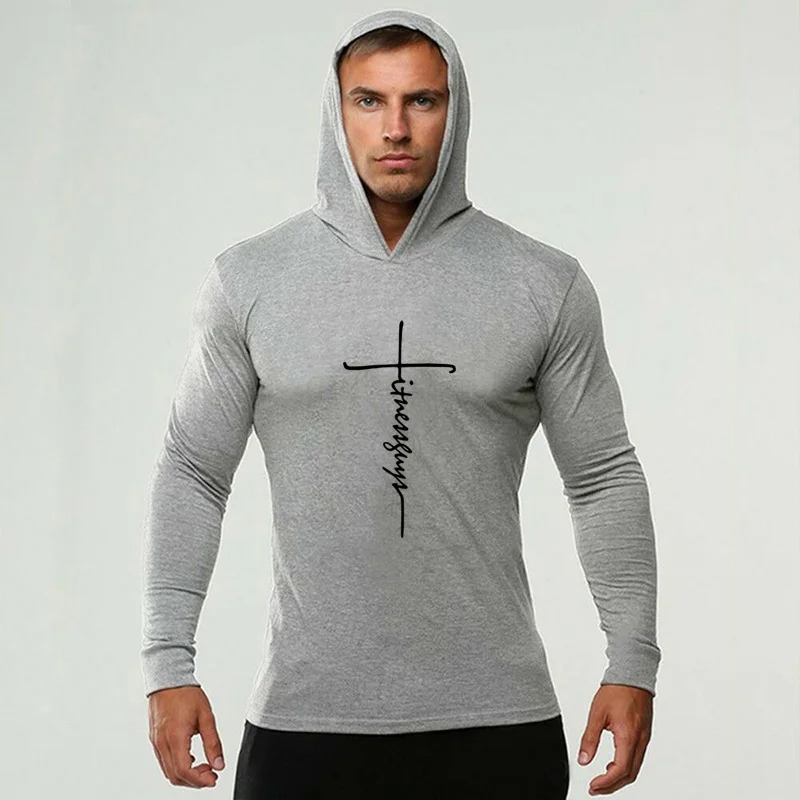 Cotton Hooded T Shirt Men Spring Autumn Long Sleeve Tshirt Casual Fitness Tops Tee Brand Training T-Shirt Men Slim Fit Gym Shirt