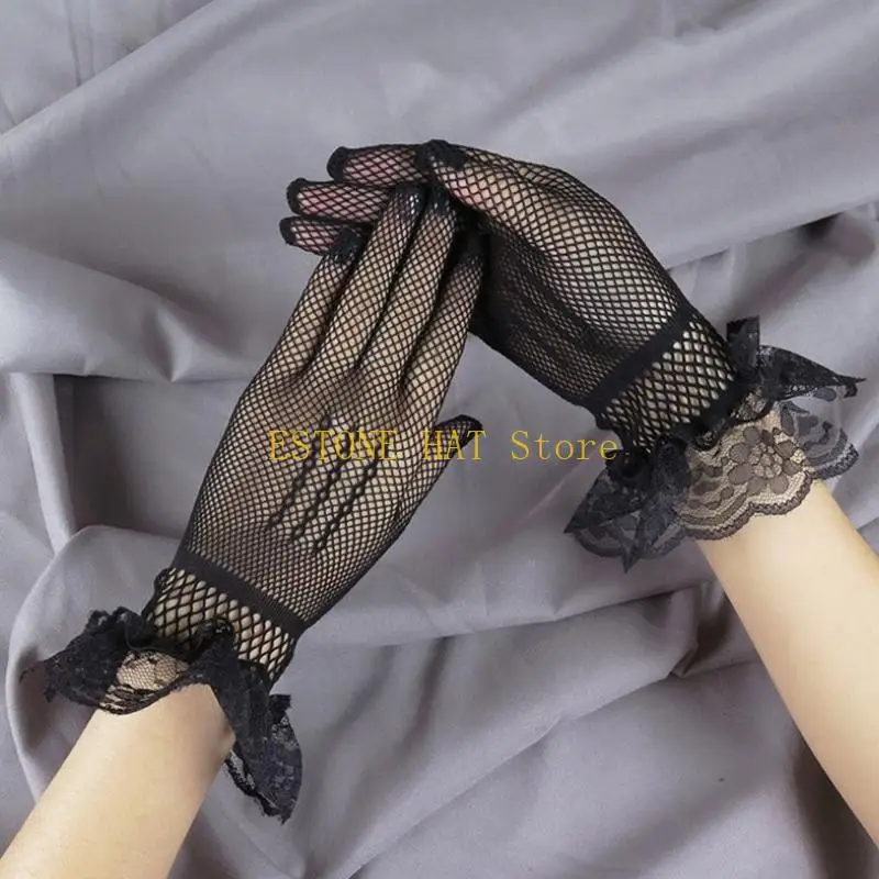 49MF Sexy Elastic Mesh Gloves with Black White Pleated Cuff Bungee Stage Performance Hollow Punk Hip Hop Women Gloves