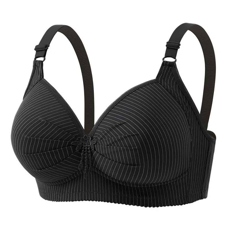 Lightly Molded Cup Striped Girls Bra Middle-aged Older Women Brassiere Three-row Hook Closure Lady's  Adjustable Strap No Pinch