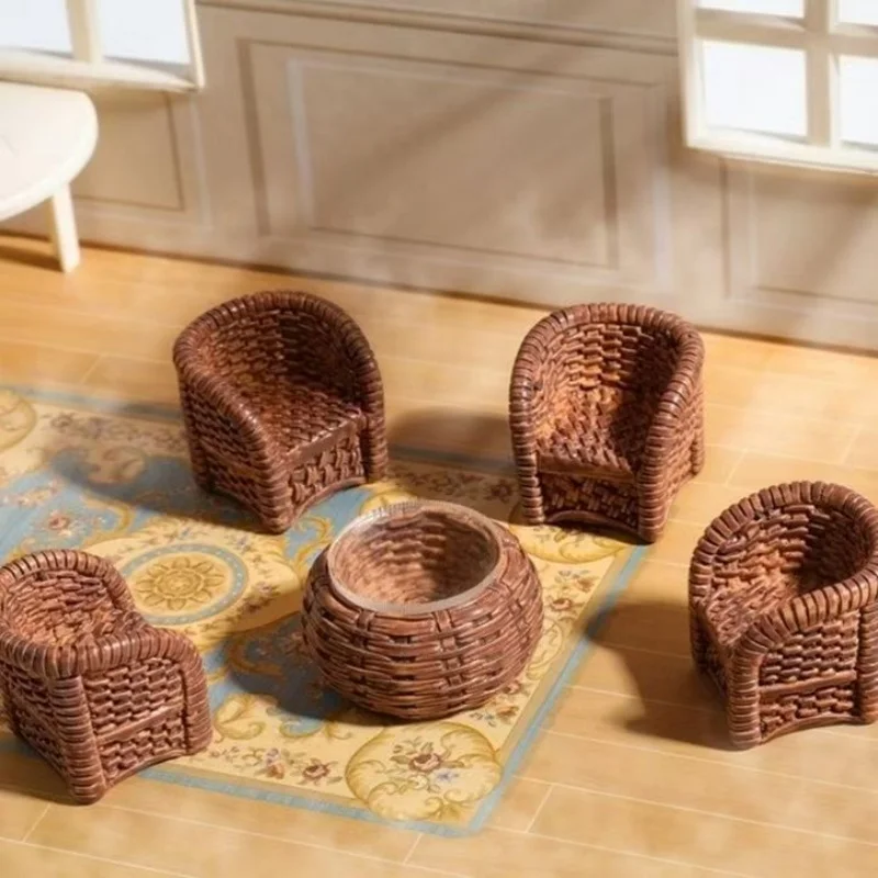 Bamboo Woven Resin Tea Table Mini Coffee Frog Rocking Chair Resin Desk Decor Stress Relief Desktop Figurine Home Decoration