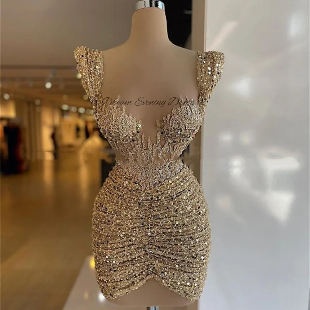 2023 Champagne Plissado Querida Minissaia Lantejoula frisada Cocktail Dress Sereia Vestidos curtos Prom Vestidos de noite para mulheres