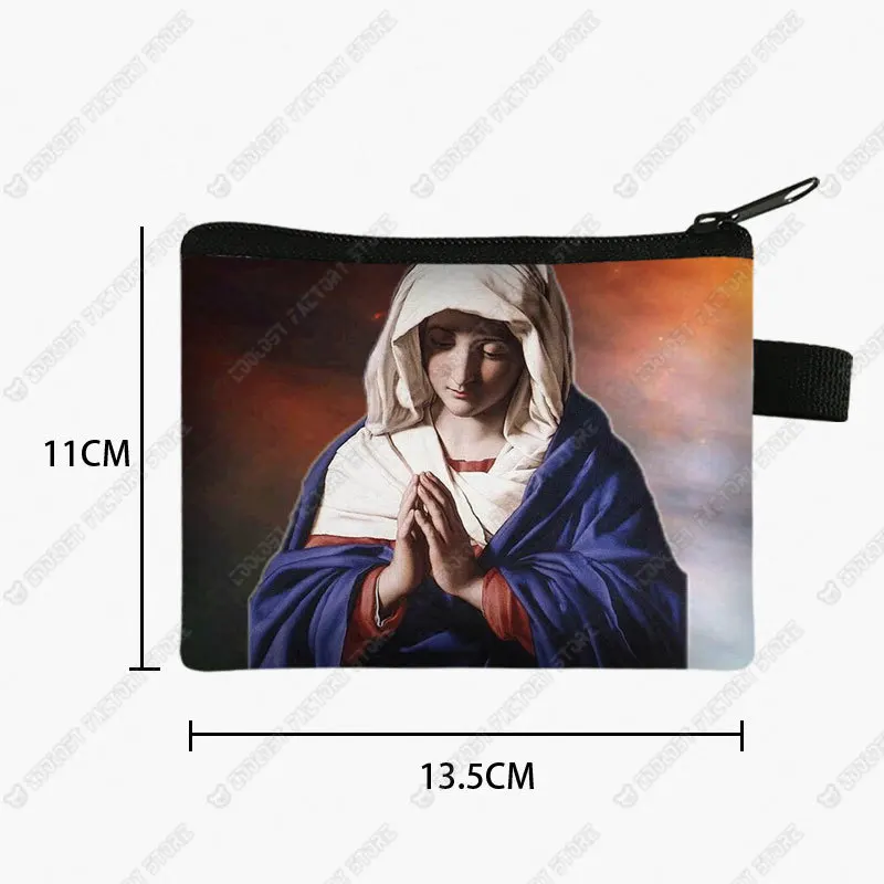Oil Painting Virgin Mary Print Coin Bag Vintage Religion ID Credit Card Key Earphone Holder Holy Mary Coin Purse Zipper Pouch