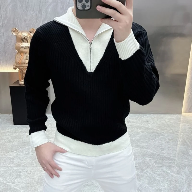 Masculino coreano moda preto branco contraste cor negócios casual camisola de malha meio zíper gola polo manga longa pullovers finos