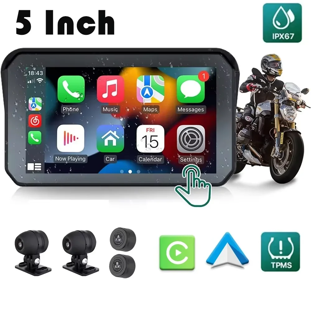 

Waterproof Wireless Carplay For Motorcycle 5'' Touch Screen Android Auto With GPS TMPS Anti-shake Night Version Cameras Video