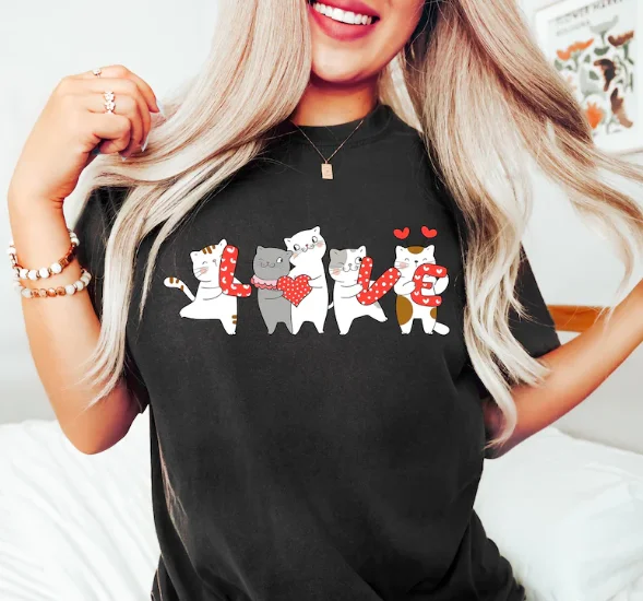 

Толстовка с изображением кошки и любви на день Святого Валентина, свитер с милым котом на день Святого Валентина, свитер для любителей кошек, забавная рубашка, футболка на день Святого Валентина