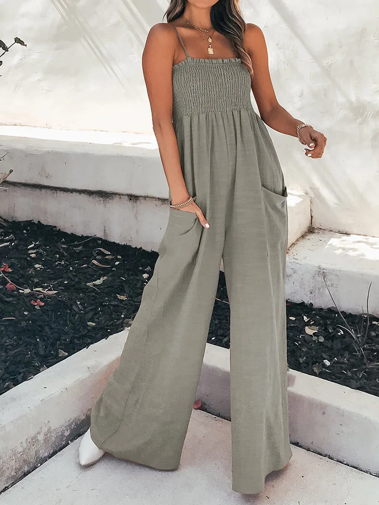 

Summer Female Streetwear Pockets Jumpsuits Casual Loose Solid Wide Leg Pants Long Rompers Playsuit Overalls For Women Clothing