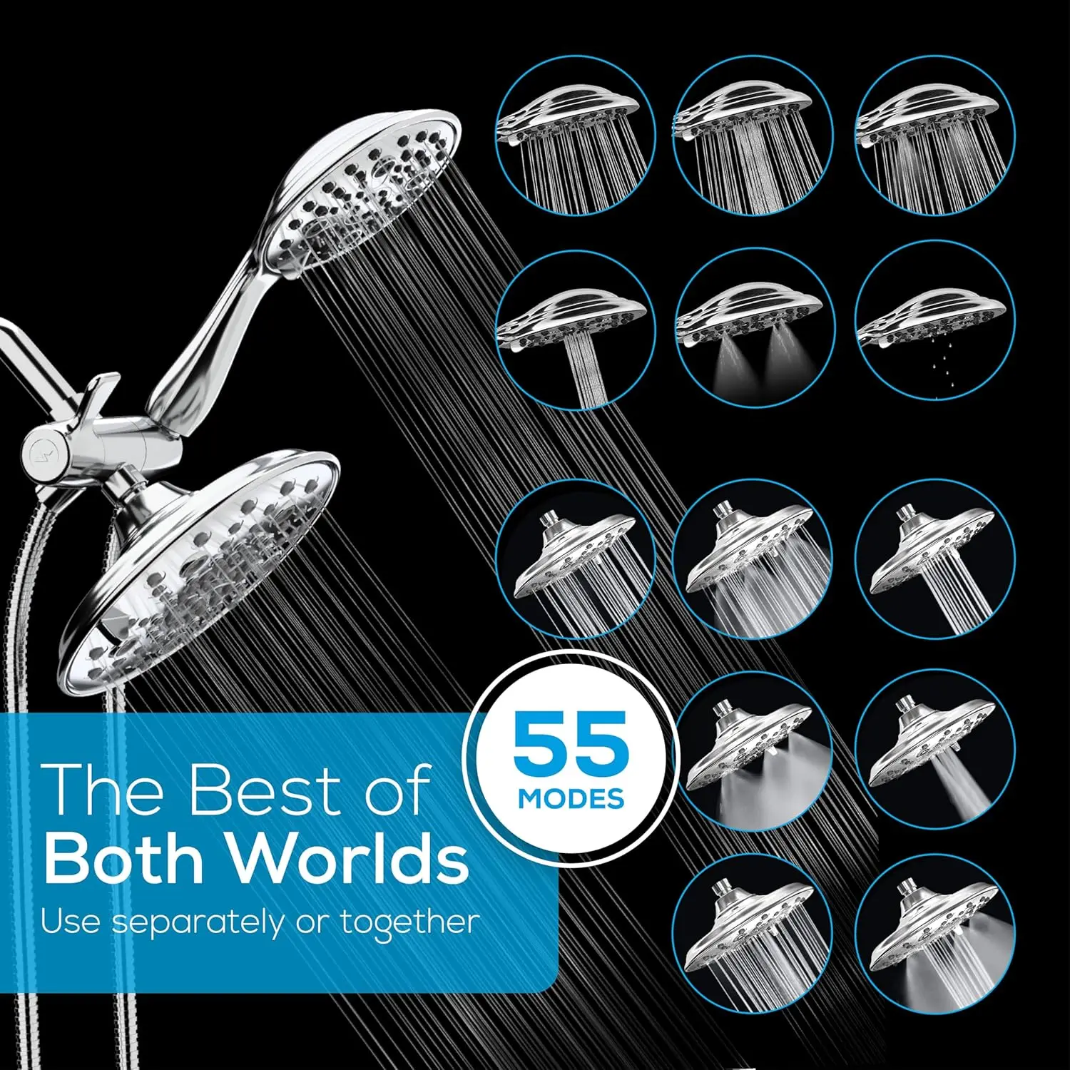 デュアルシャワーヘッドコンボ - 8インチ高圧55モードレインフォール、ハンドヘルドスプレー付き、簡単設置