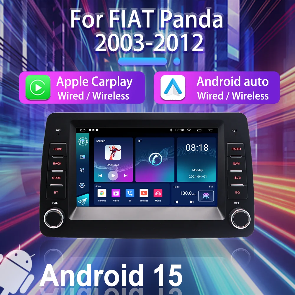 Android 15 Car Radio for Fiat Panda 2003-2012 2Din Multimedia Player GPS Wireless CarPlay Android Auto DSP WiFi BT Plug&Play