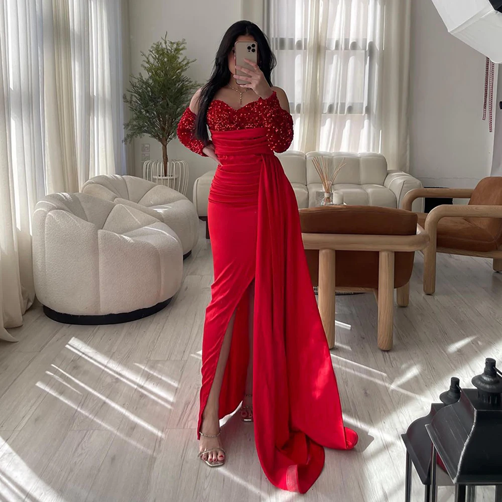 Robe de Soirée Rouge en Satin à Paillettes, Tenue de Bal de Forme Sirène, Manches sulf, Fente Latérale, pour Occasions Formelles