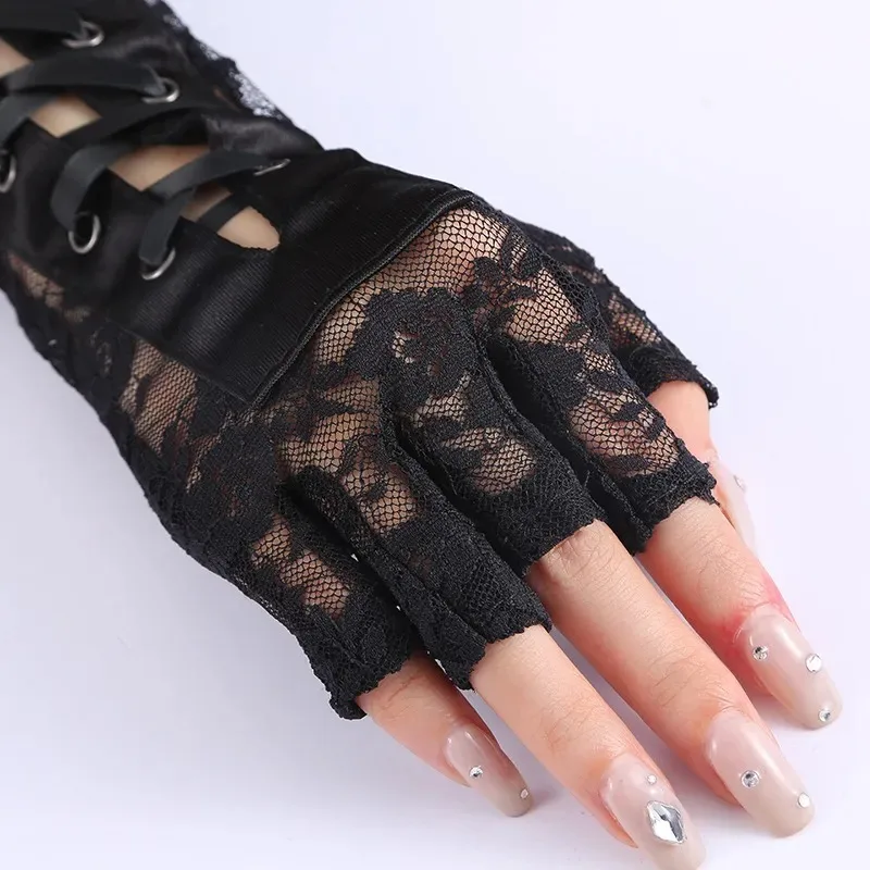 Womens Sexy Elbow Length Punk Fingerless Lace Up Arm Warmer Lace Gloves, Black,White，Halloween Punk  Cosplay One Size