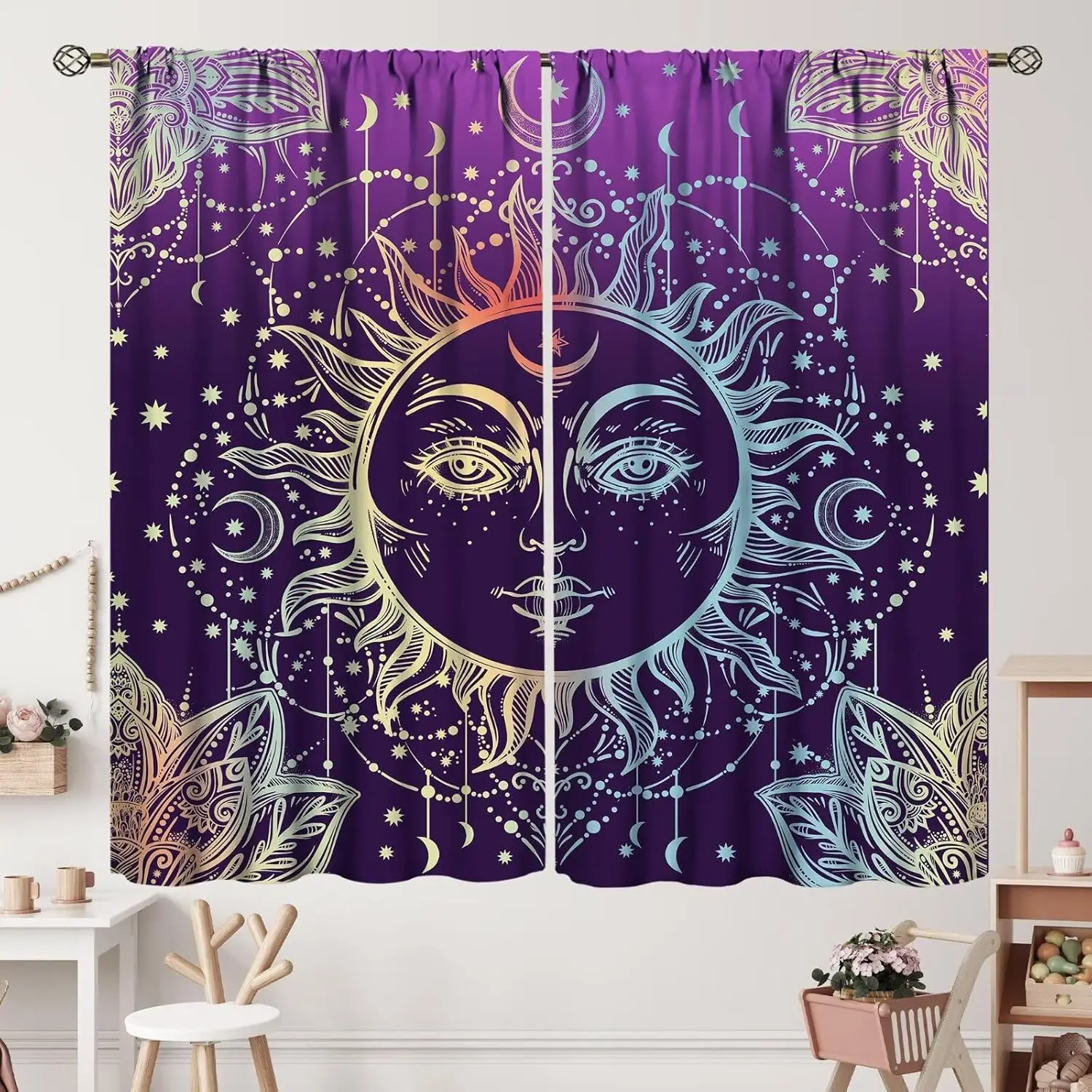 Fantasy Sonne-Mond-Vorhänge, Boho Mandala Sterne Blumenmuster Vorhang mit Schlaufen für Schlafzimmer, Wohnzimmer, Heimdekoration, Thermovorhänge
