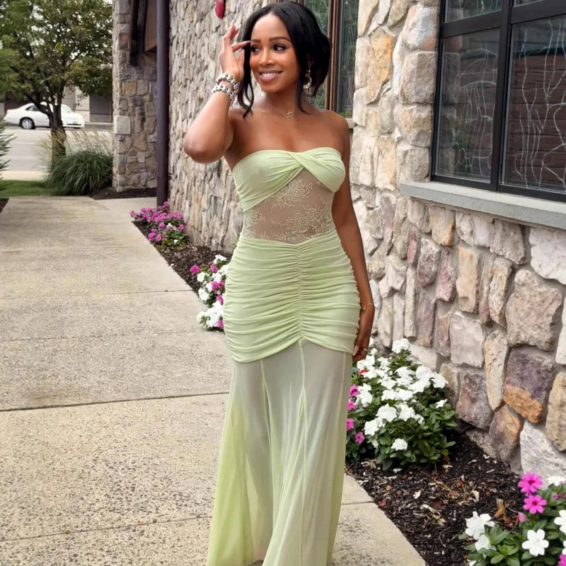 レディース新作ストラップレス、ギャザーメッシュパッチワークシアーレース、欧米風ドレス