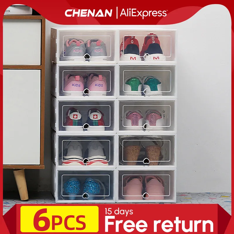 6Packs Transparent Shoe Box Shoes Organizers Plastic Thickened Foldable Dustproof Storage Box Stackable Combined Shoe Cabinet