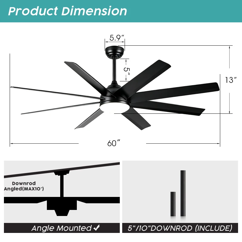 Model 741 60-Inch Electric Ceiling Fan Light DC Motor Remote Control 8 Blades Metal Construction Low Noise 3-Speed Timer