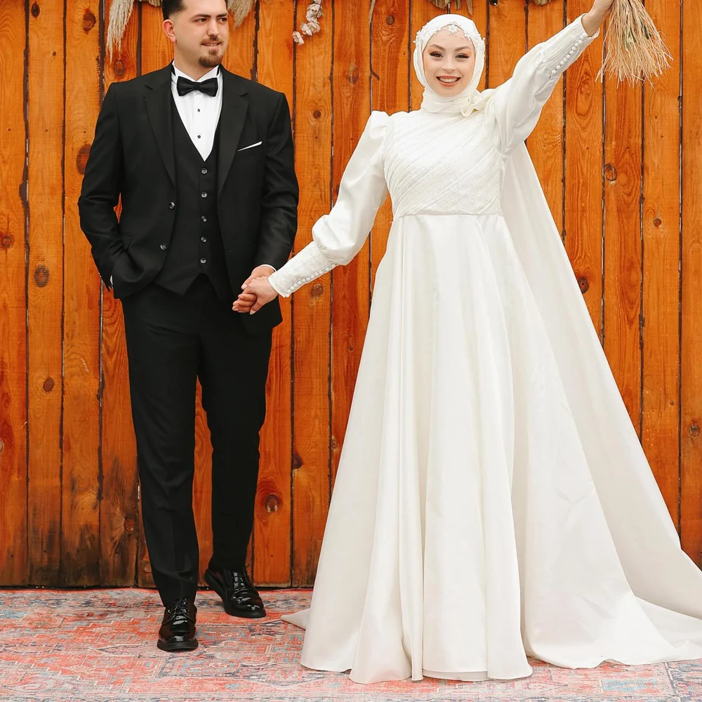 YCJ Muslim Wedding Dresses A Line High Collar Bridal Grown Pleat Zipper Sweep Train Customized Wedding Party Vestido de novia