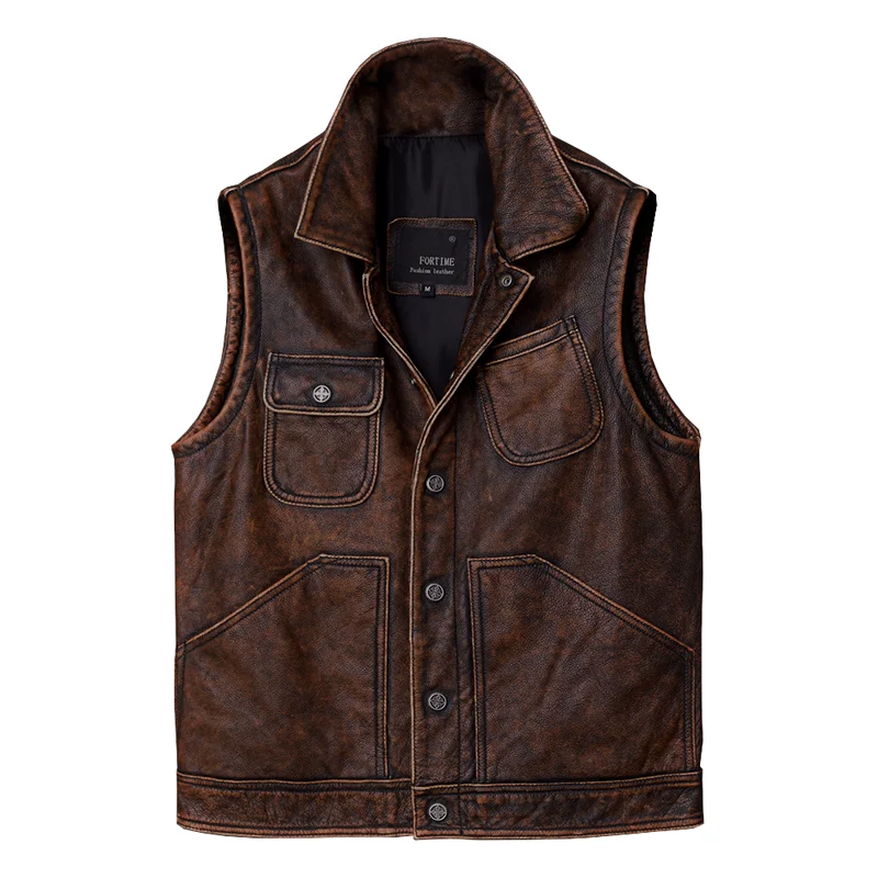 Retro American Workwear Vest a Meiji First Layer Cowhide Leather Leather Men's Leather Vest Spring and Autumn