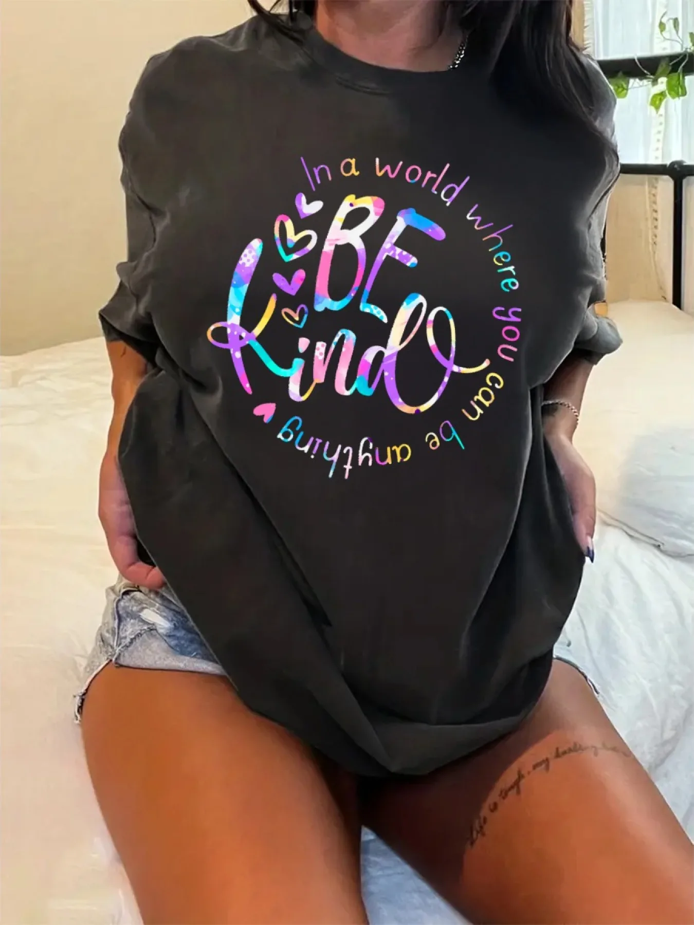 

Be Kind" Inspirational Floral Print Plus Size Women's Tee - Soft, Breathable, Casual Oversized Round Neck Short Sleeve Top