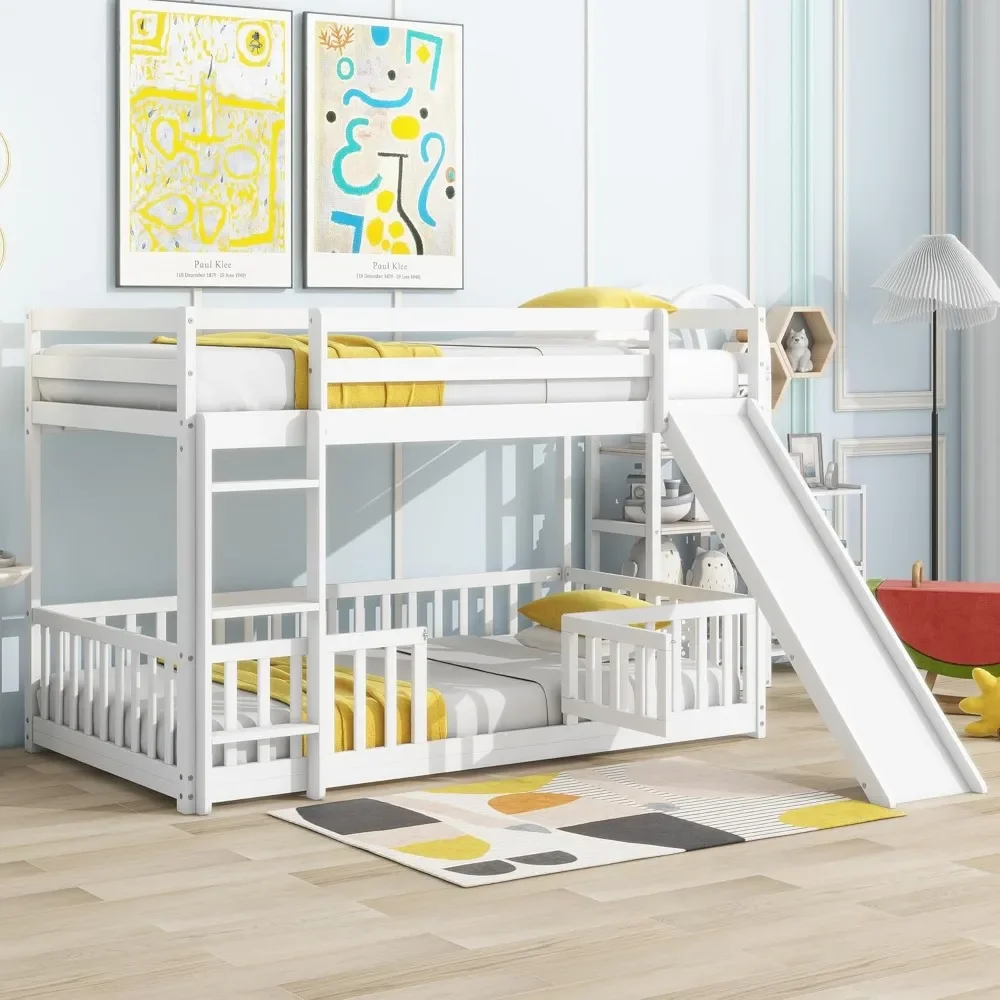 Bunk Bed Frame Junior Loft Beds for Kids Boys Girls Teens, Low Bunk Beds Twin Over Twin with Slide and Ladder Floor