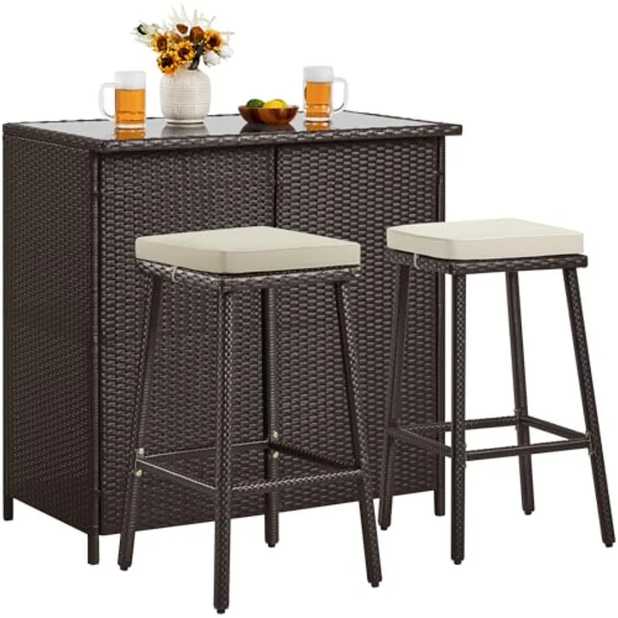 Outdoor bar set for patio use: wicker furniture in brown/khaki with glass top table 2 stools cushions and 2 storage shelves