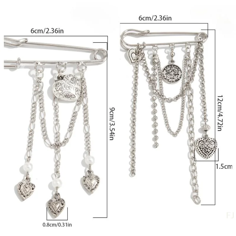 [YU]Handmade Cute Safety Pin Chain Badge Brooch Pin Charms Beaded Aesthetic Tassel Chain Heart Pendant