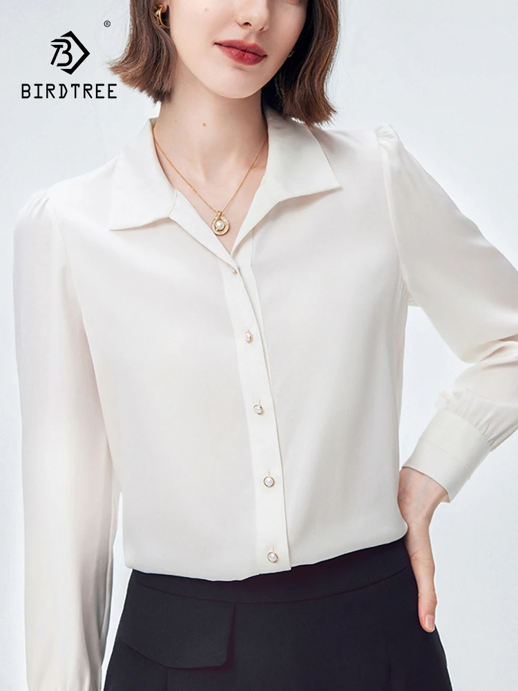 

Birdtree 6A 90%Mulberry Silk French White Shirt Women's 2023 Autumn New Office Lady Shirt Bubble Sleeve Temperament Top T3N531QC