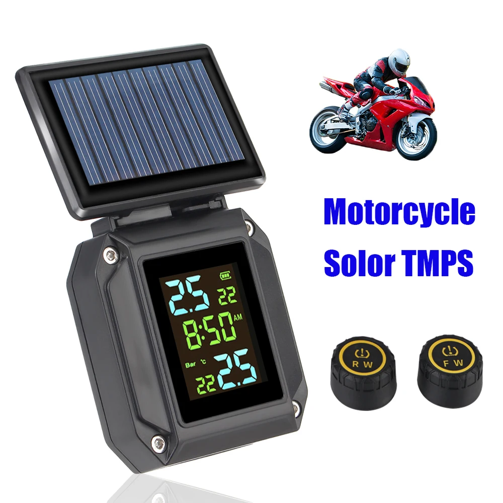 

Tire Pressure Monitoring System Tyre Temperature Alarm 2 External Sensors LCD Display Motorcycle TPMS Solor USB Charge Wireless