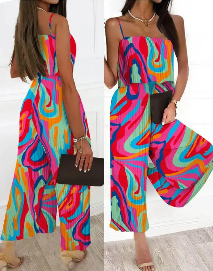 

Women's Jumpsuit Daily Casual Summer Fashion Random Marble Print Square Neck Spaghetti Strap Loose Fit Wide Leg Jumpsuit