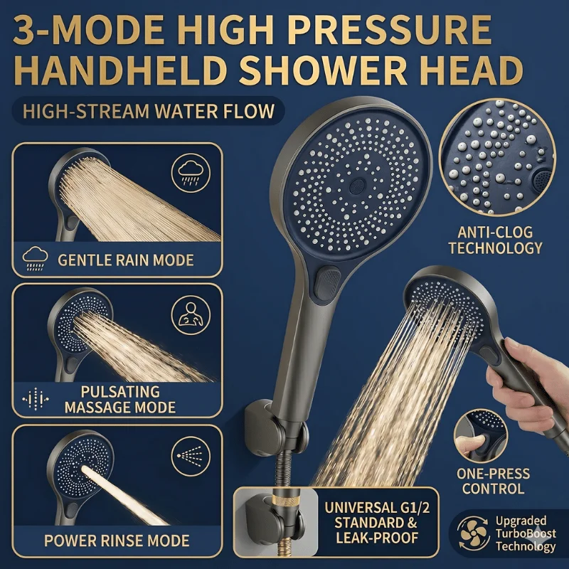 

3-Mode High Pressure Shower Head 130mm Large Face Handheld Rainfall Showerhead Turbo Boost Water Saving G1/2 Universal Bathroom