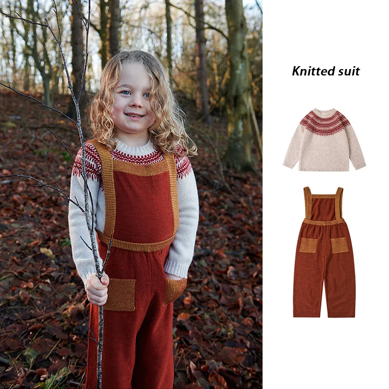 

Knit Planet Children's Pants 2023 AW KP Girls' Pastoral Color Contrast Knitted Strap Pants Pullover Sweater Two Piece Set