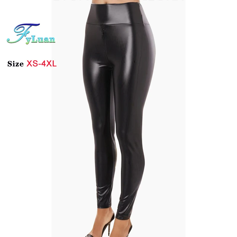 Mattschwarze Damen-Leggings aus PU-Leder mit doppeltem Reißverschluss und hoher Taille, dicke Elastion, schlanke Nachtclub-Leggings, knöchellange Hose