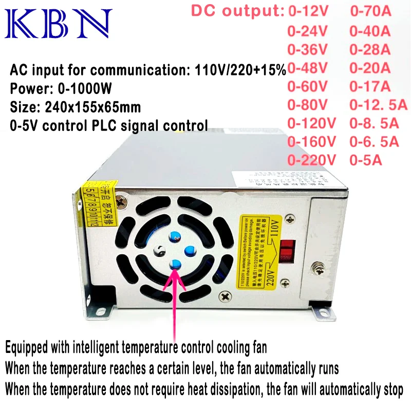 Current limiting digital adjustable DC 1000W switching power supply 0-12-24-36-48-60-80-120-220V