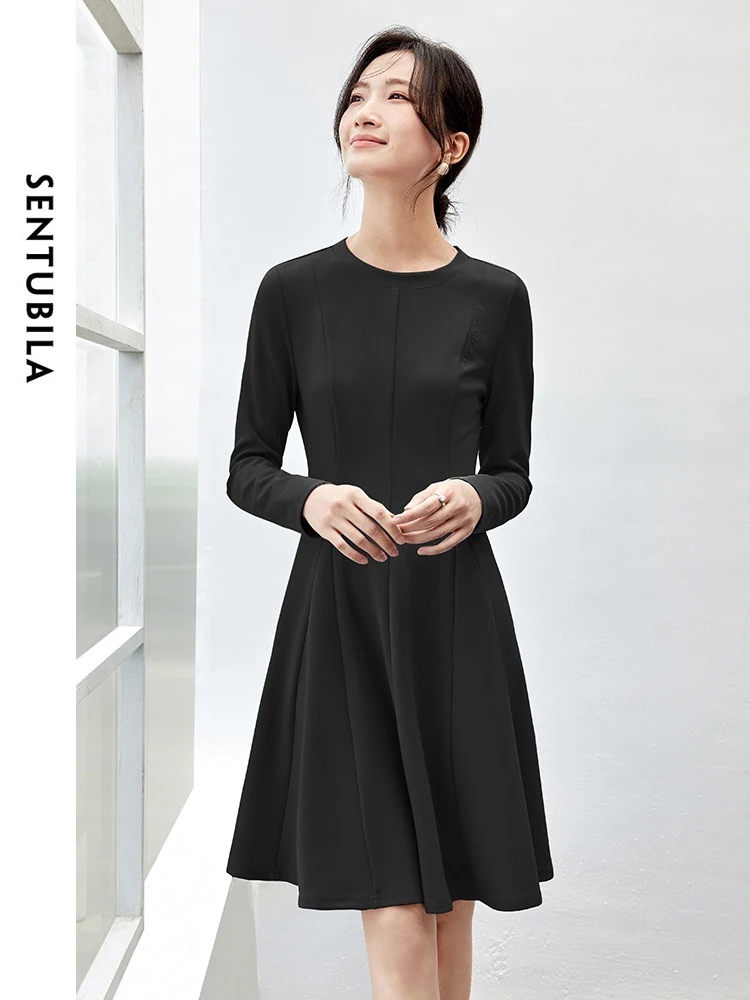 

SENTUBILA Black Knitted Dresses for Woman 2025 Autumn Luxury Embroidery Long Sleeve Dress A-line Pullover Mini Dress 143L56507
