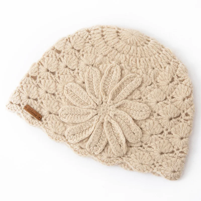 100% Australian pure cashmere women's hat, warm, versatile, knitted flower, hollow, soft, 2024 autumn and winter new style