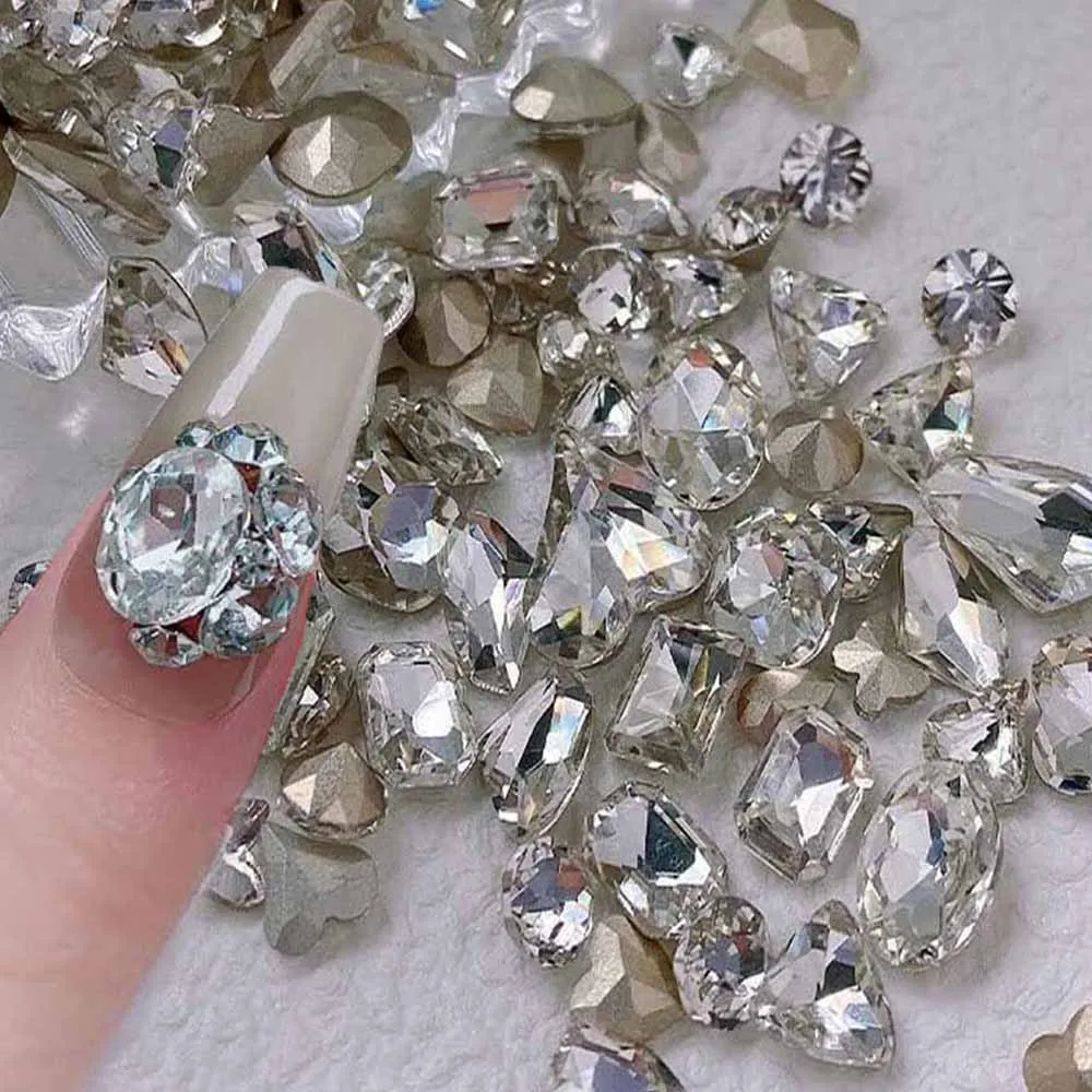 50Pcs/bag Multi-Shape Clear Nail Glass Crystal Mixed Love-heart/Sequare Round Shinying Nail Rhinestone Y2K Manicure Jewelry10x11