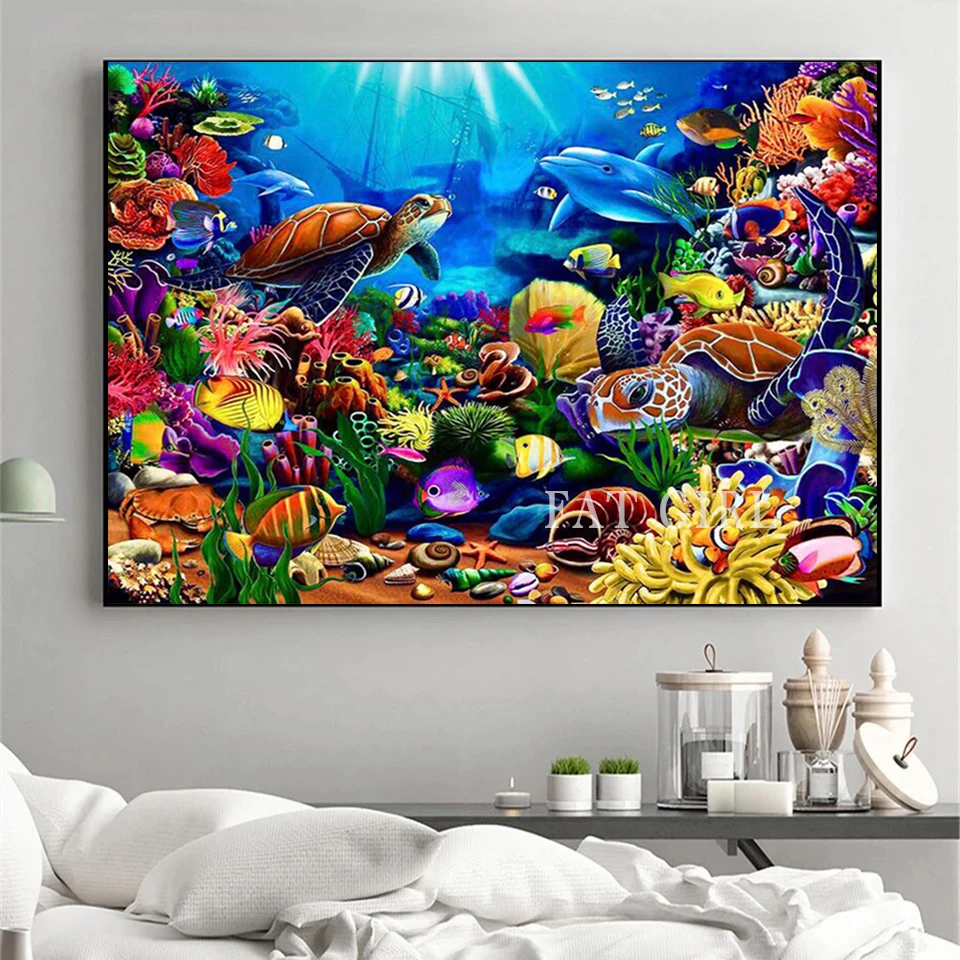 Diamond Embroidery Ocean Underwater World Cross Stitch 5D Diamond Painting Fish Turtle Dolphin Mosaic Picture Home Wall Decor