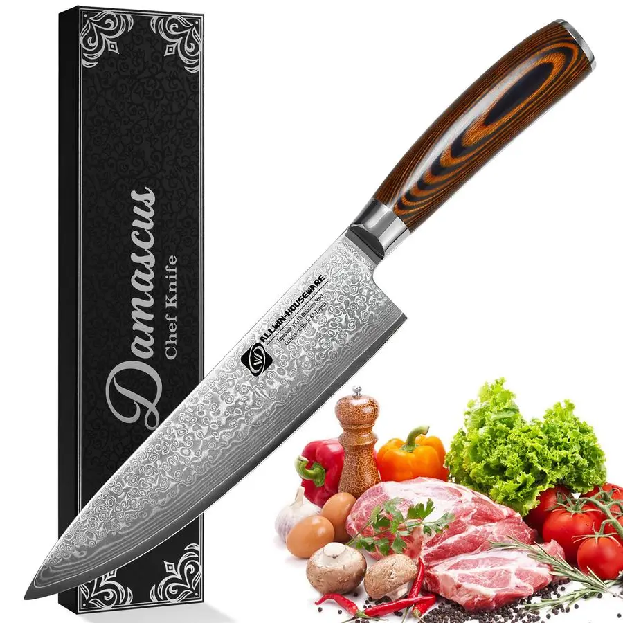 

Chef Knife 8 Professional 67Layer VG10 Steel Core with Pakka Wood Handle, Ultra Sharp HRC 62 Kitchen Knife for Chopping Cutting