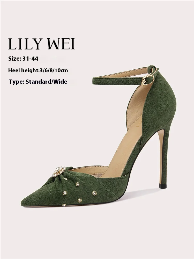 

Spring and summer hollow rhinestone suede pleated widened single shoes thin high heel banquet large size small size women sandal
