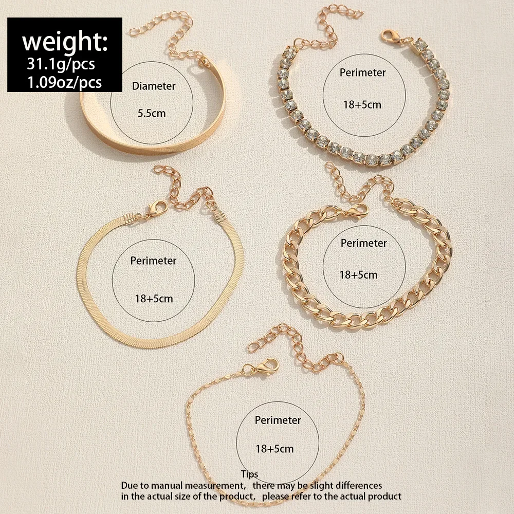 5pcs/Set Vintage Gold /Silver Color Simple Design Multielement Crystal Bracelets Set for Women  Adjustable Bangle Jewelry GIft