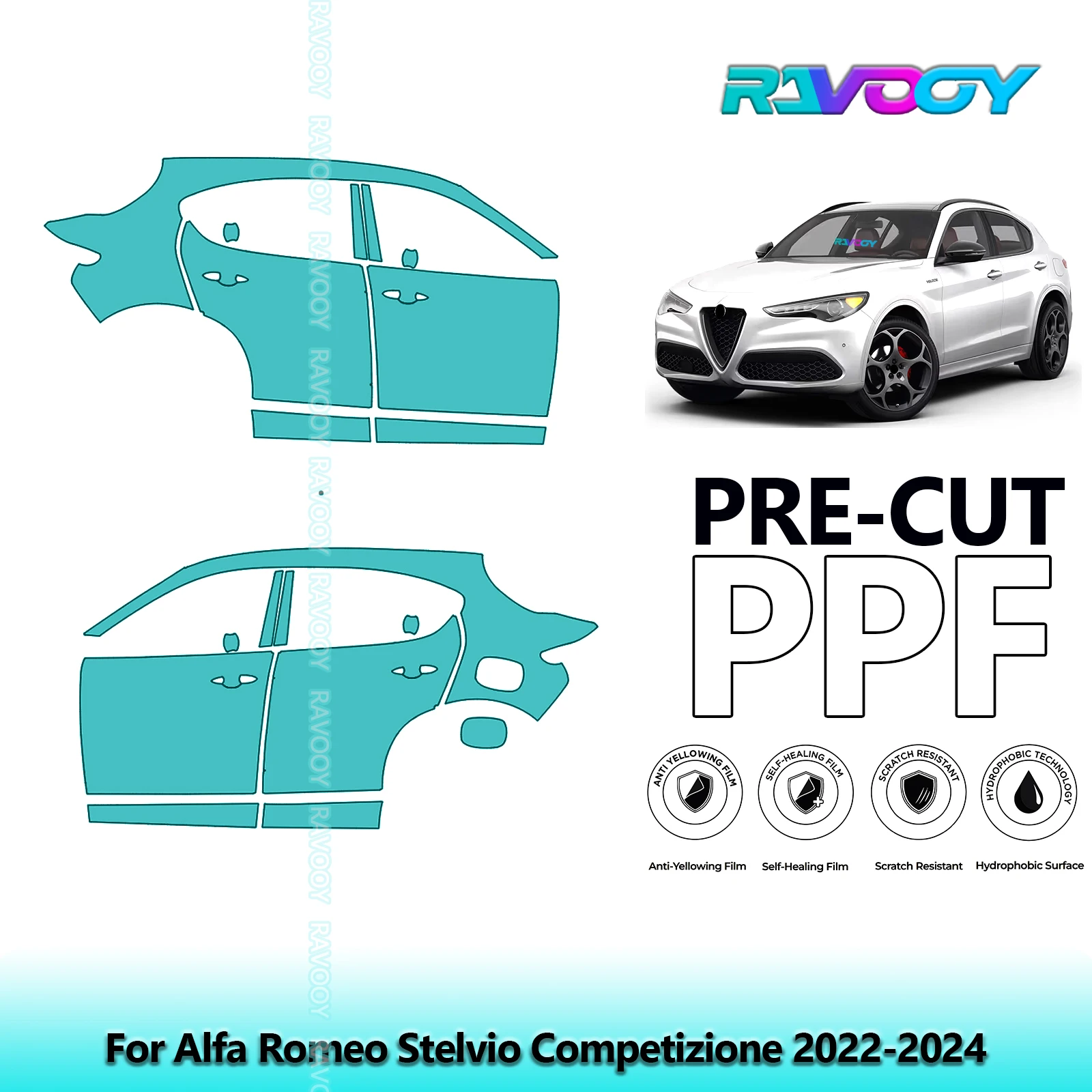 

For Alfa Romeo Stelvio Competizione 2022-2024 8.5mil Clear Matte Pre-Cut PPF Door & A/B Pillar Kit TPU Paint Protection Film Set