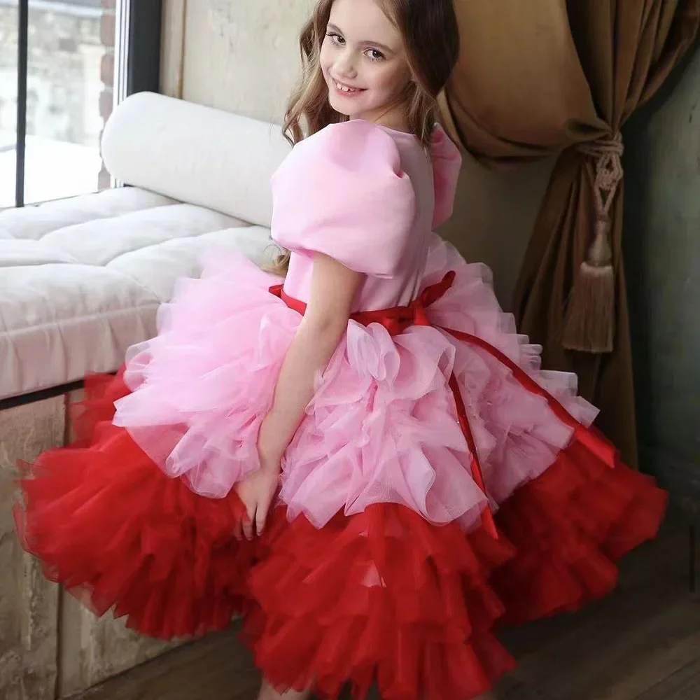 

Многослойное тюлевое бальное платье с пышными рукавами для девочек с поясом-бантом Элегантный дизайн для официальных мероприятий Свадьбы Цветочница Вечер День рождения P