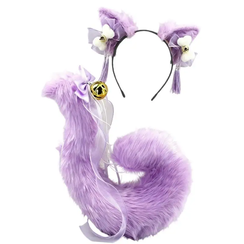 A52E Anime Cosplay Requisiten Katzen Ohren und Schwanz Set Plüsch Pelzigen Ohren Hairhoop mit Schwanz – Detail 2
