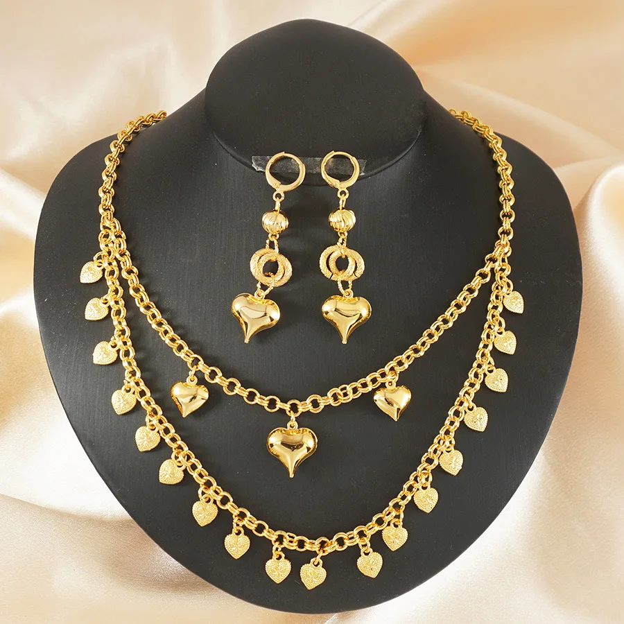 9999 gold heart-shaped necklace and earrings jewelry set, suitable as a thanksgiving gift for wedding parties