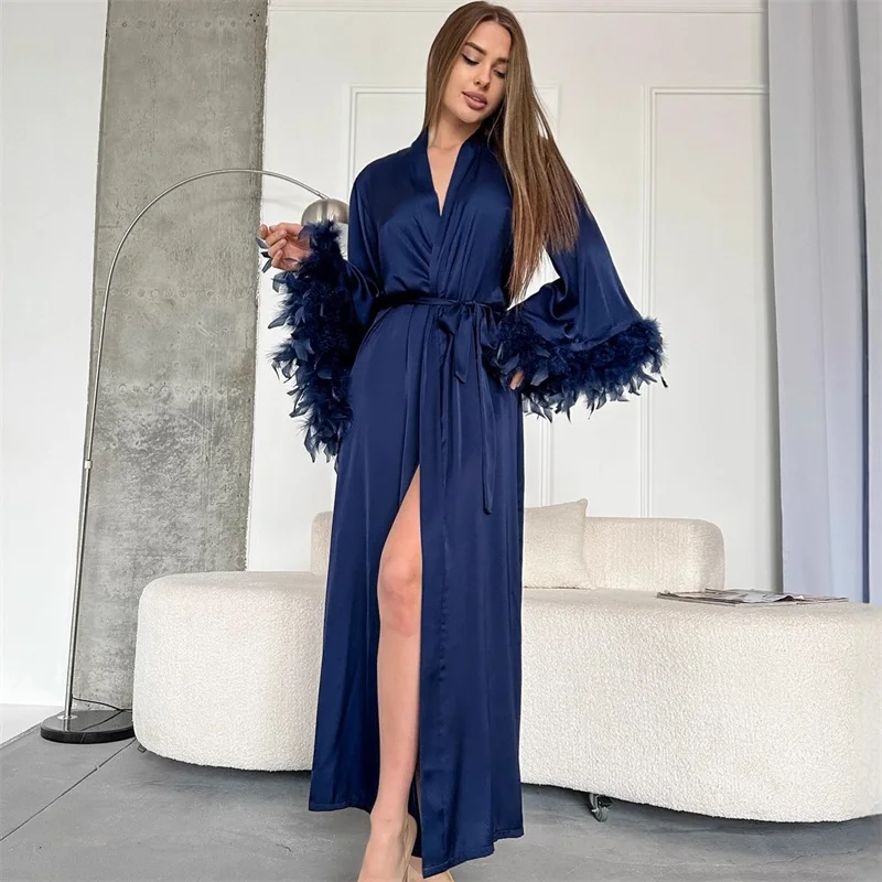 

Blue Prom Dress Feather Satin Bridal Morning Robe Sexy Full Sleeves Belted Party Night Gown Formal Wedding Guest Evening Skirt