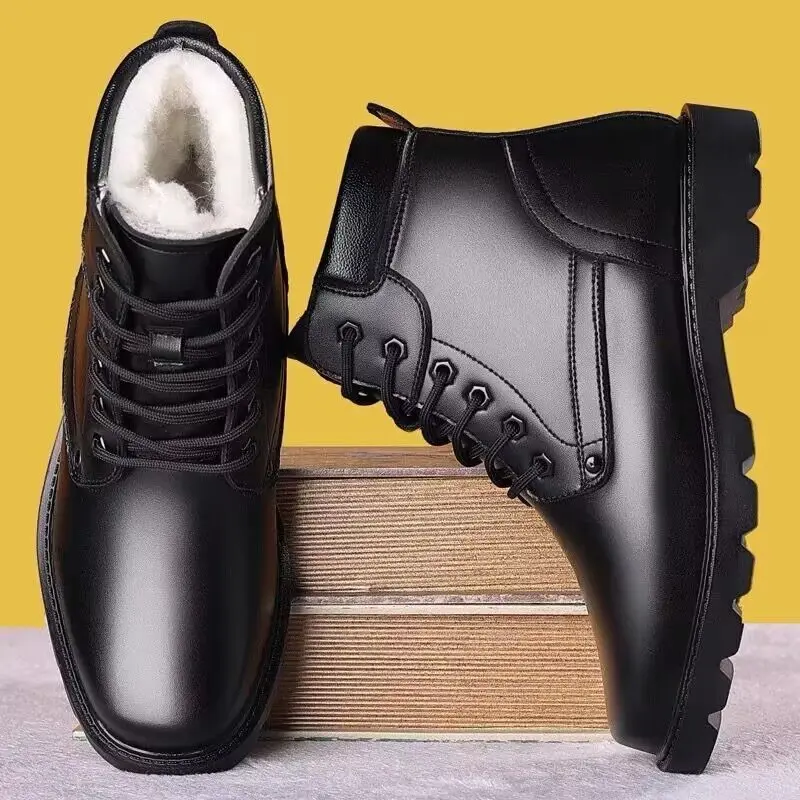 ​Men's High Top Winter Snow Boots Genuine Leather Lace Up Warm Wool Fleece Lined Cotton Padded Outdoor Shoes Fashion