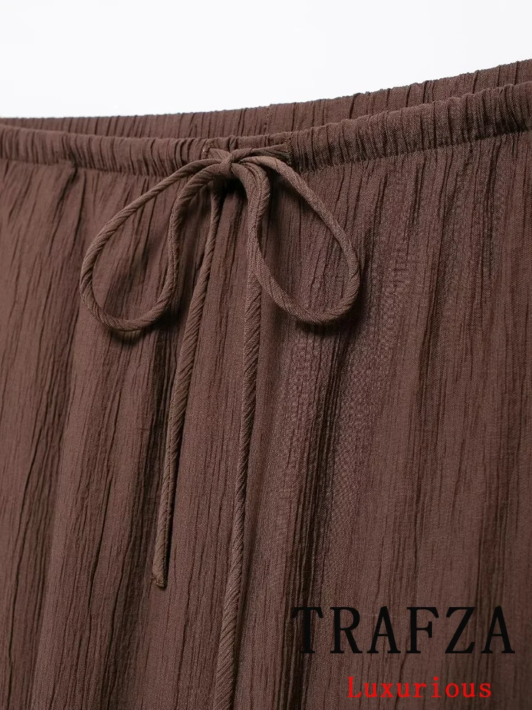 TRAFZA Vintage Casual Chic Solid Women Suit V-Neck Short Slim Vest Sheath Loose Long Skirt New Fashion 2024 Summer Sets