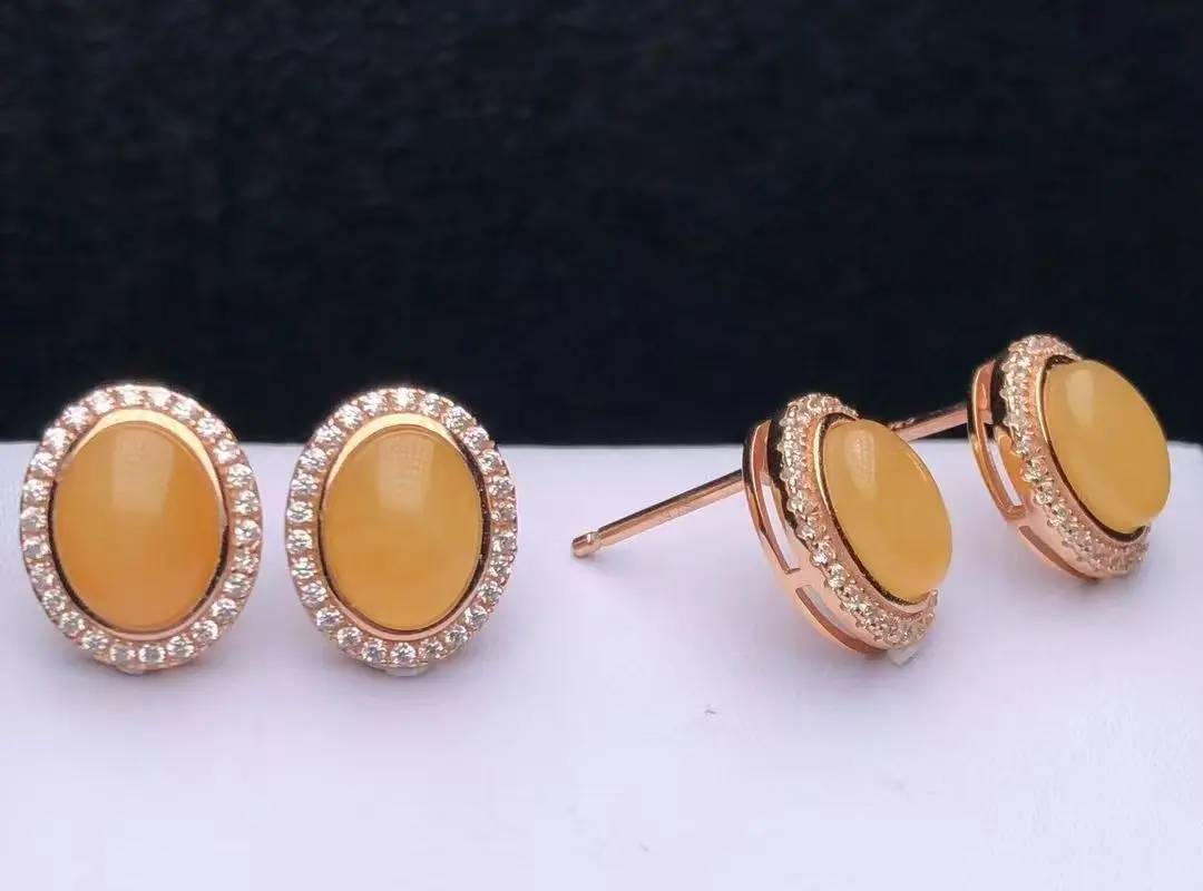 

Women's AmberStud Earrings7mmOval Sterling Silver White Side StonesInlaid RomanticLove Gift for Her Natural Baltic Amber Jewelry